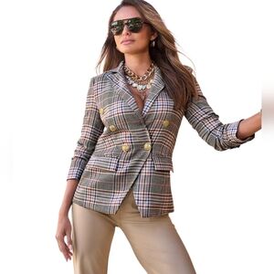 BOSTON PROPER Plaid Modern Double Breasted Blazer. Brown/pink Multi. Size Med